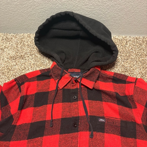 Aeropostale Red and Black Plaid Men's Shirt with Hood - Picture 8 of 11